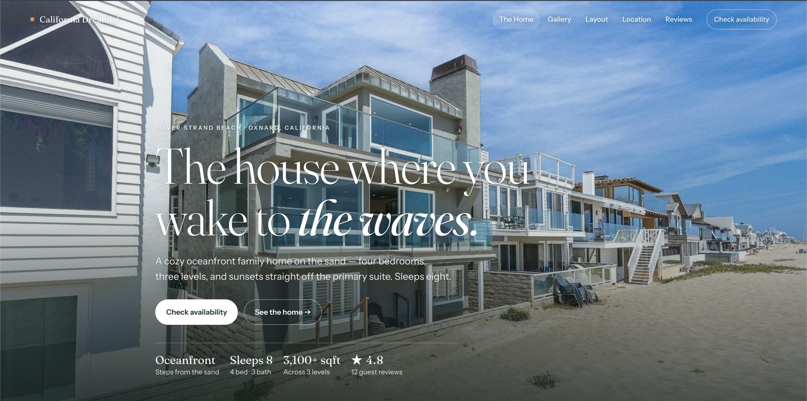 California Dreamin' — oceanfront vacation-rental website hero